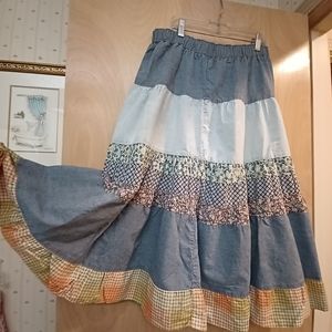 Vintage Blue Denim Tiered Fabric Cottage Core Prairie Boho Skirt S